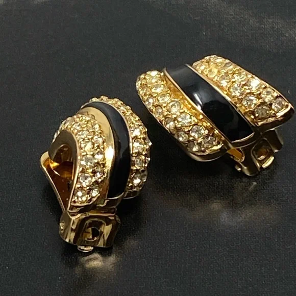 Christian DIOR Vintage earrings with crystals and black enamel - Picture 4 of 15